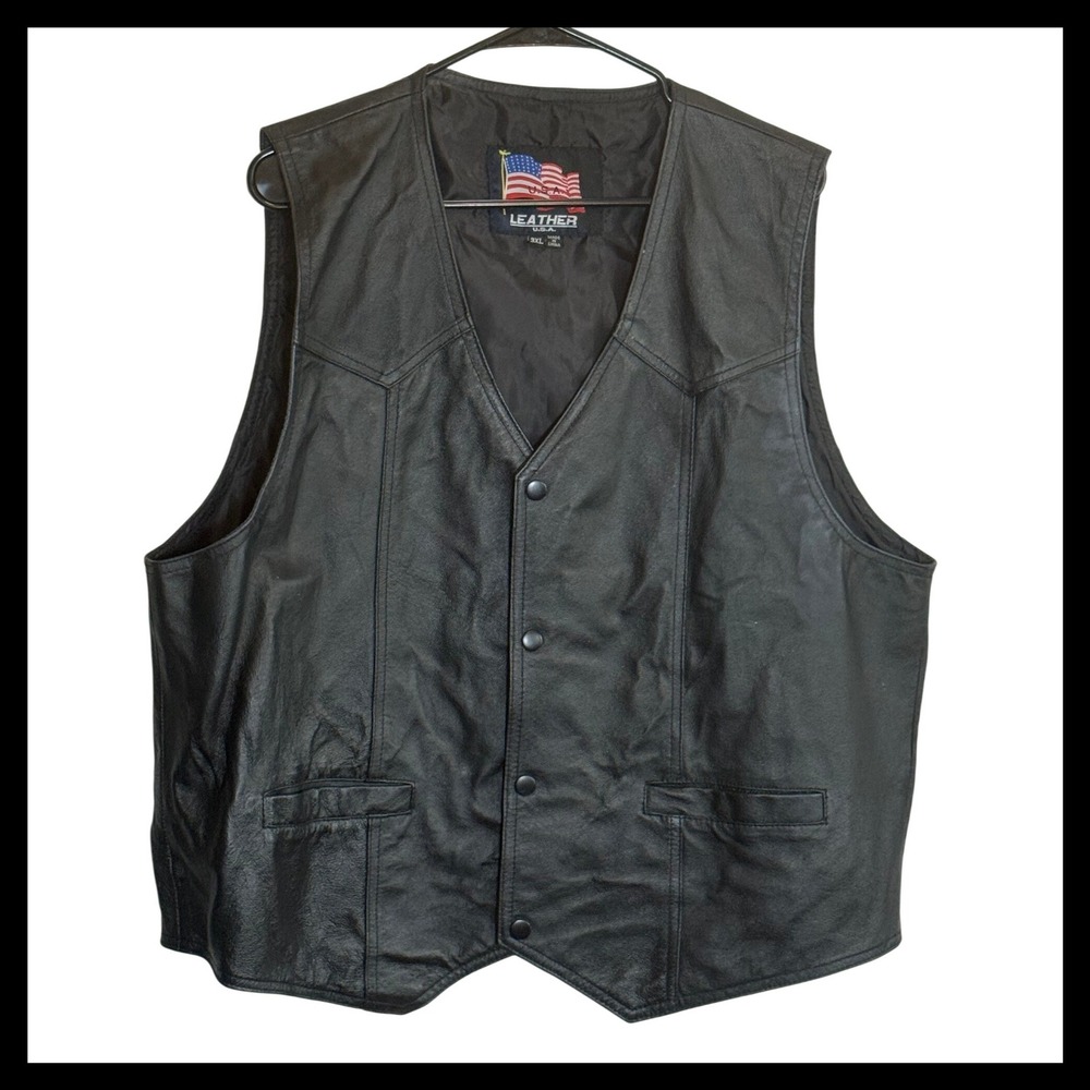 Leather USA Mens 3XL US Army Patch Biker Vest Black Snap Front Leather Jacket